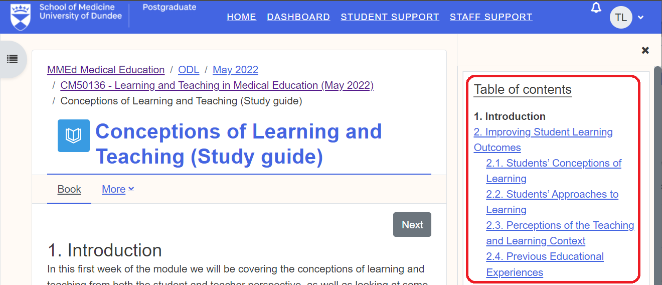 Screenshot of the Moodle Book table of contents in Moodle Version 4.1