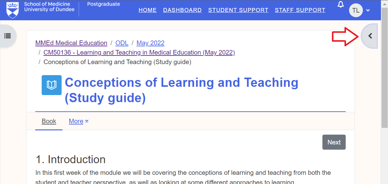 Screenshot showing the new location of the Moodle Book table of contents in Moodle Version 4.1