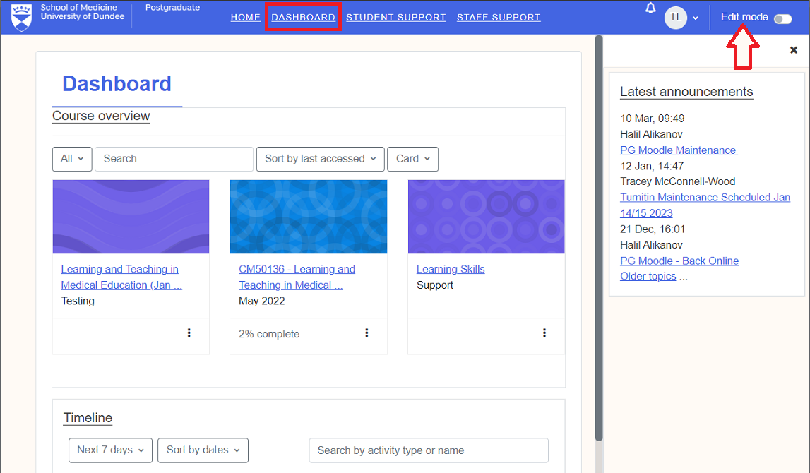 Screenshot of the student dashboard in Moodle Version 4.1