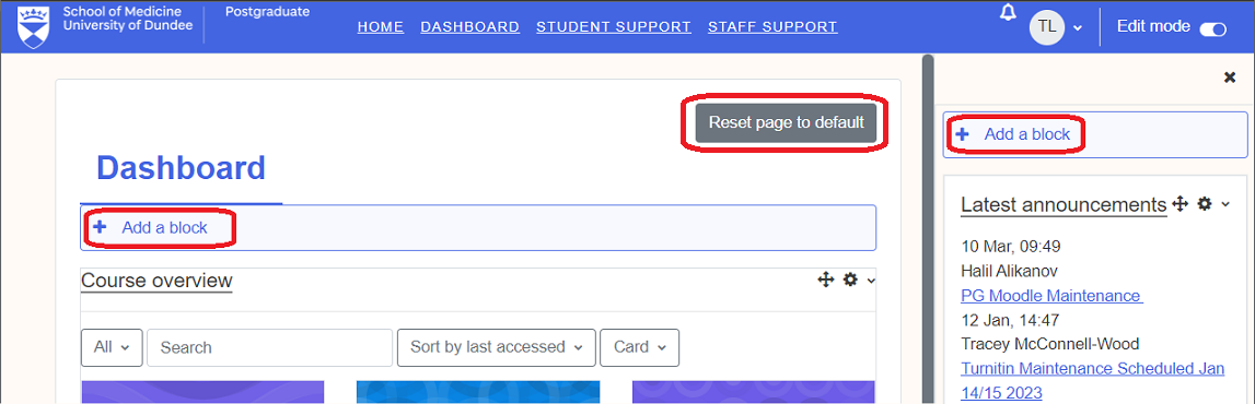 Screenshot of the dashboard in edit mode in Moodle Version 4.1