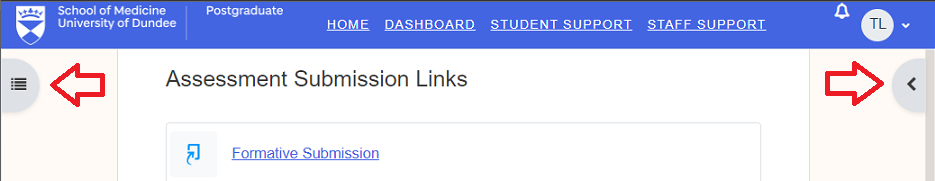Screenshot showing the location of the left and right drawers while closed in Moodle Version 4.1