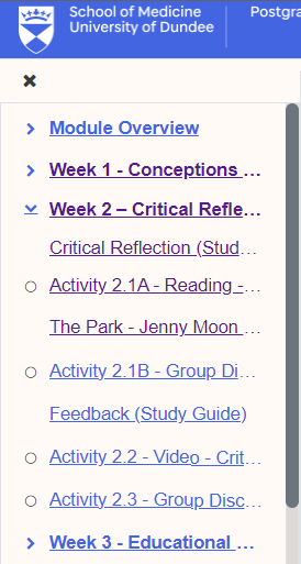 Screenshot showing the page index in the left-hand drawer in Moodle Version 4.1