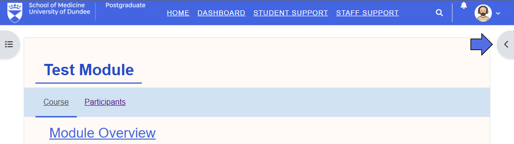 Screenshot of the top section of a module, highlighting the block drawer.